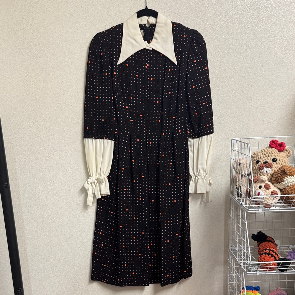 Vintage 70s Black Dress with White Collar and Red Dots